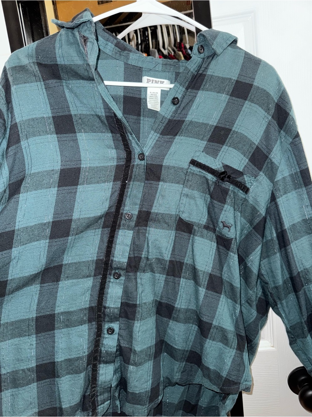 PINK Victoria's Secret Teal and Black Plaid Button-Down Pajama Shirt